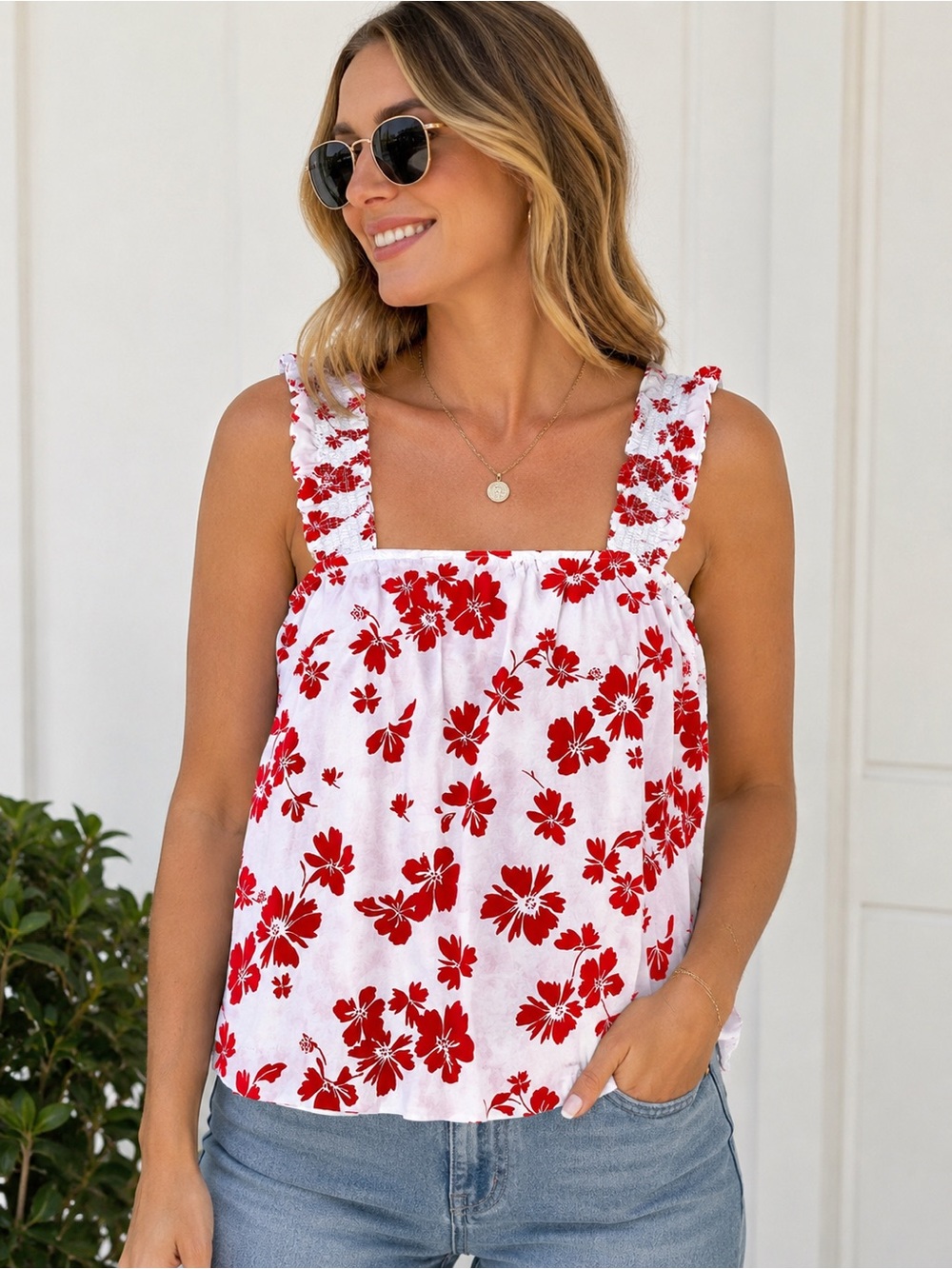 J.Crew Floral Smocked Strap Tank Top Medium Red White Summer Cotton